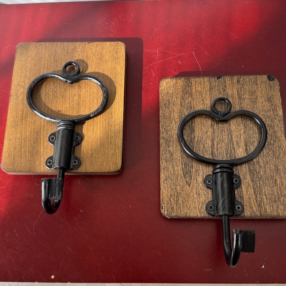 Other - Rustic Wooden Wall Hooks w/Black Metal Heart Shape Key to My Heart style Accents